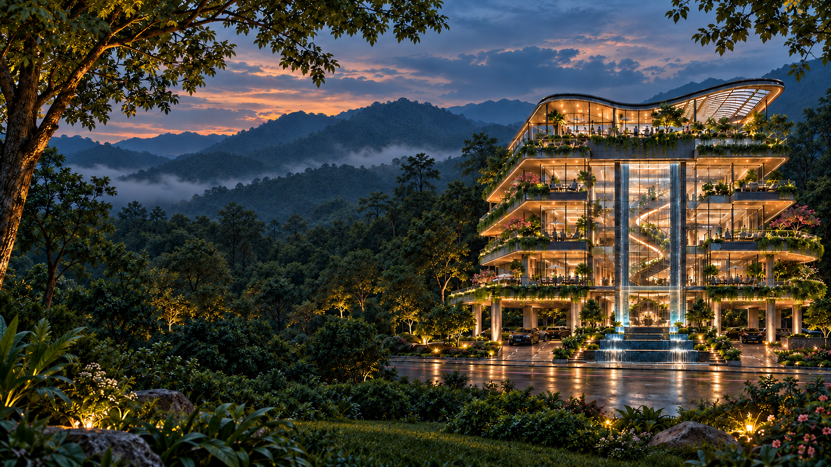 Old Doon architectural concept with curving glass façades, planted terraces and a central cascading water feature, set against the Dehradun hills.