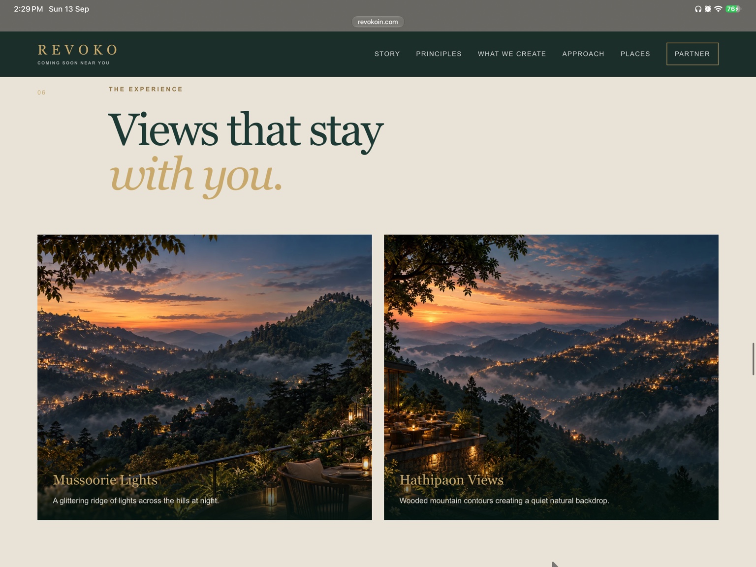 Mussoorie’s forested ridges at dusk, with warm hillside lights and mist in the valley.